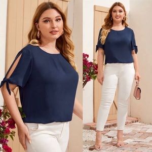 PLUS navy blue split knot sleeve blouse